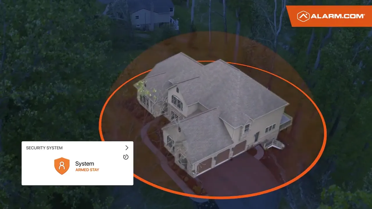 Smart Arming: the home arms itself as the last person leaves, shown as a geofence around the house and a confirmation on the phone