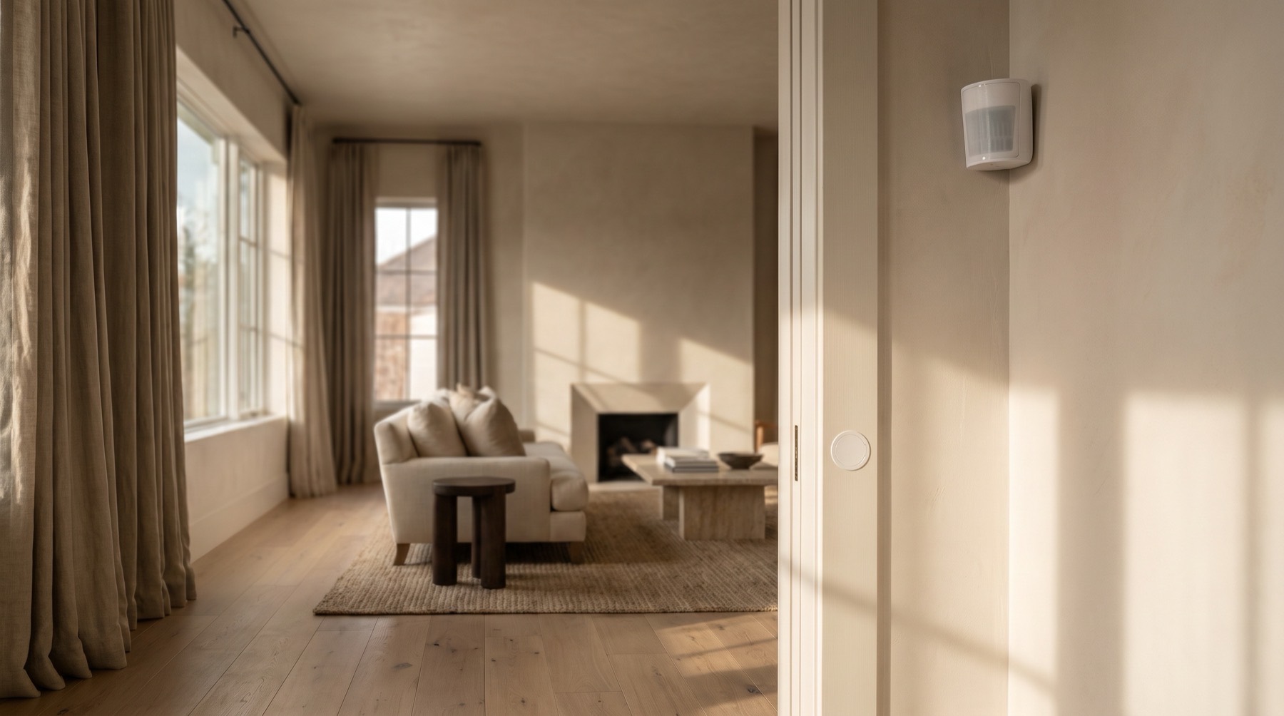 A PowerG motion detector high on the wall of a warm modern living room, with a recessed door contact almost invisible in the jamb