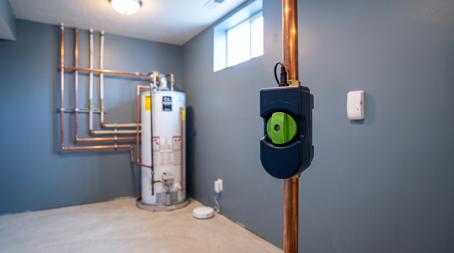 A smart water shutoff valve on the copper main of a home mechanical room, with a flood sensor on the floor and a temperature sensor on the wall