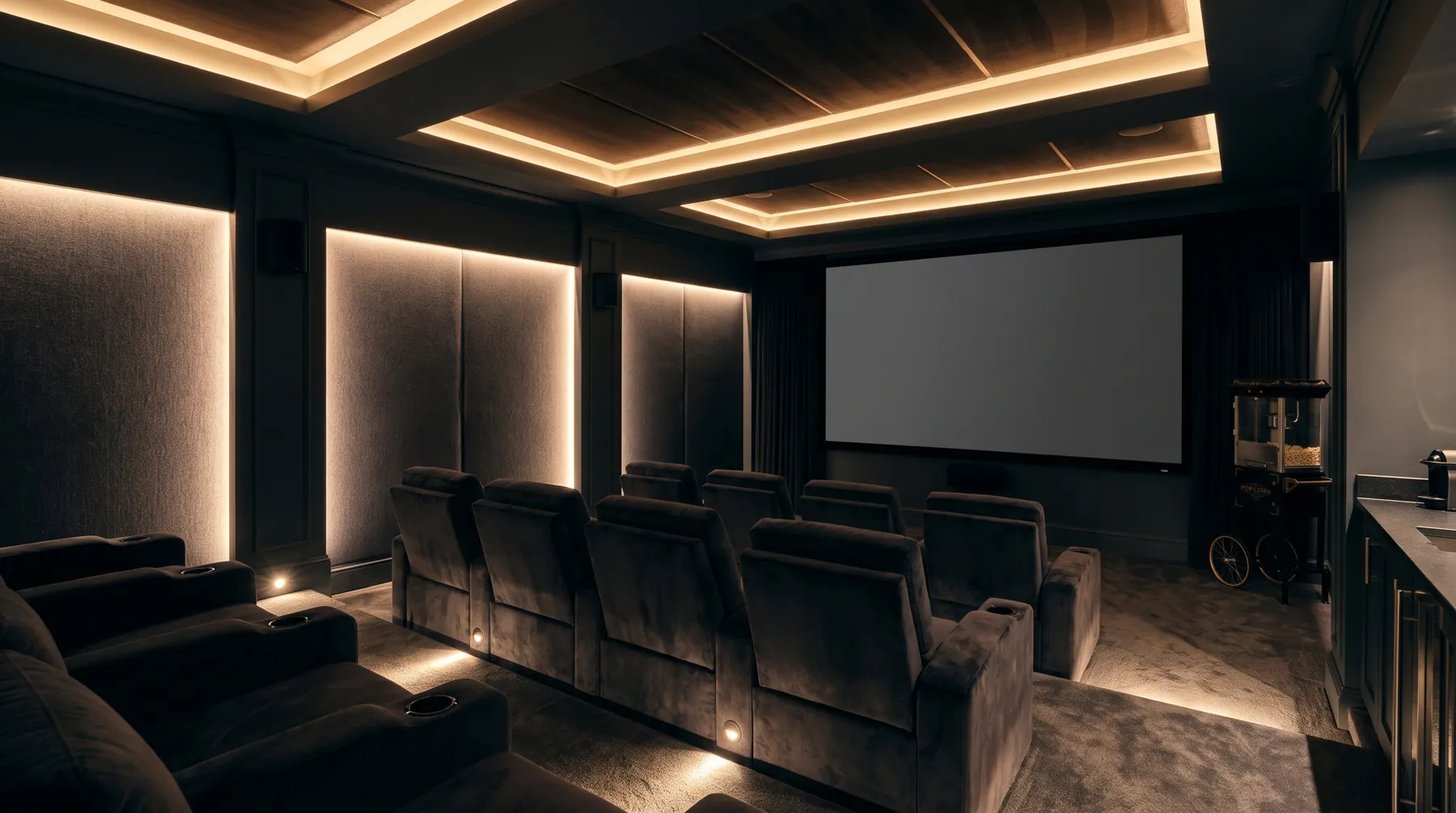 A dedicated home theater lit by warm recessed cove strips, fabric panel washes and step lighting