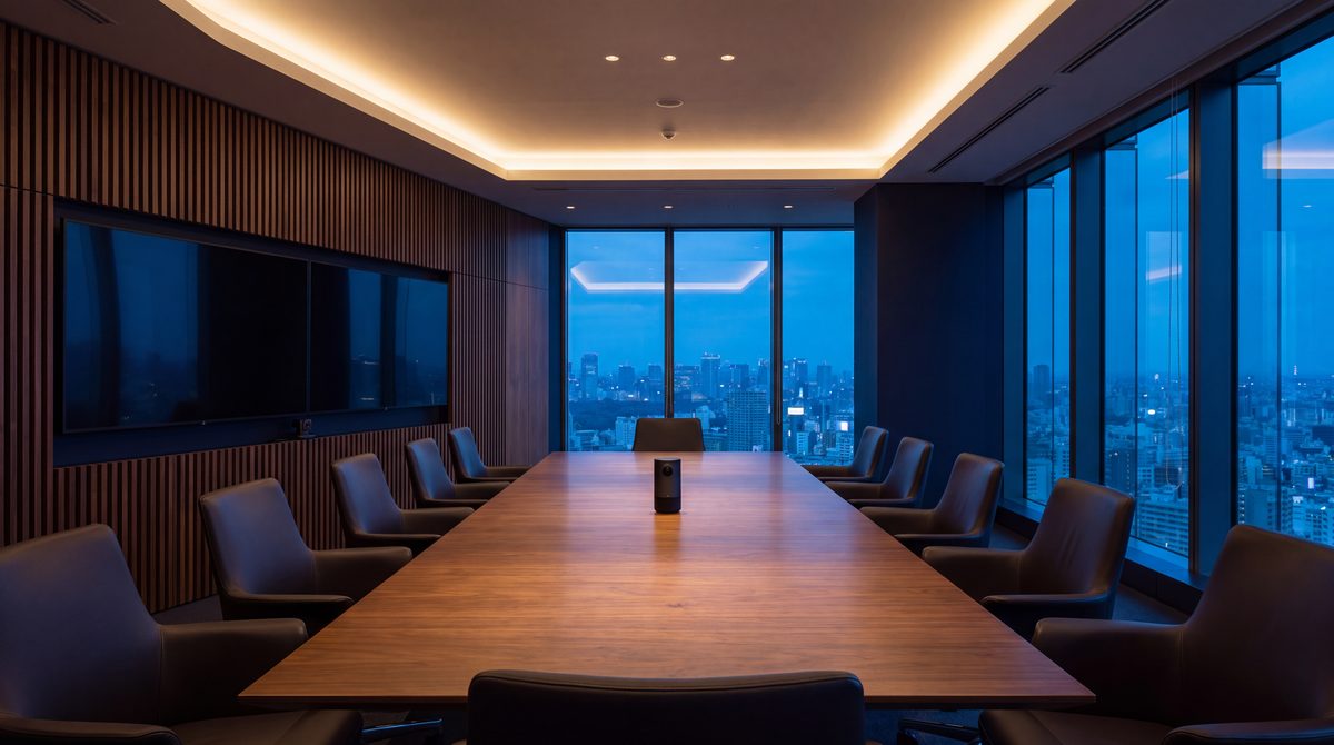 A boardroom at dusk built for one-touch control