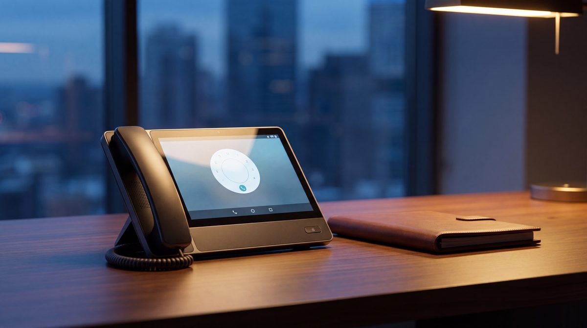 A touchscreen business desk phone glowing on an executive desk at dusk