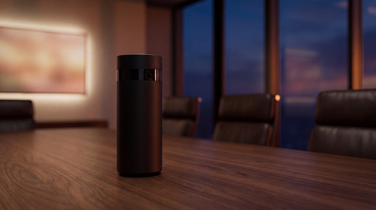 A 360-degree conference camera at the center of a walnut boardroom table