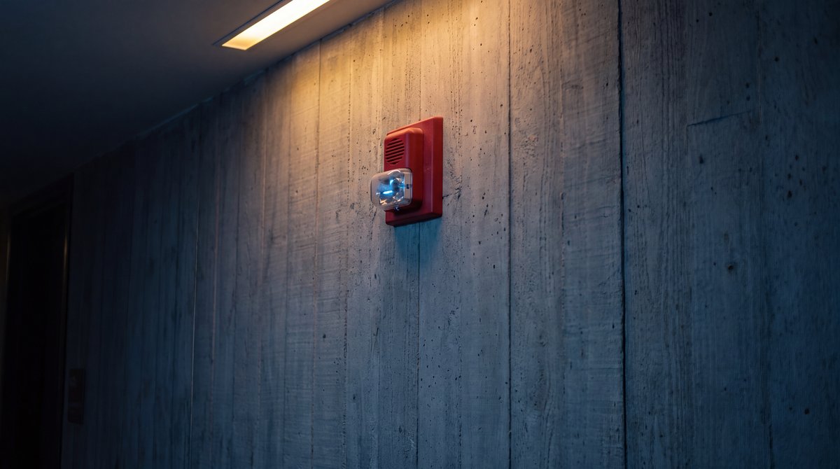 A fire alarm horn and strobe on a concrete wall in a commercial corridor