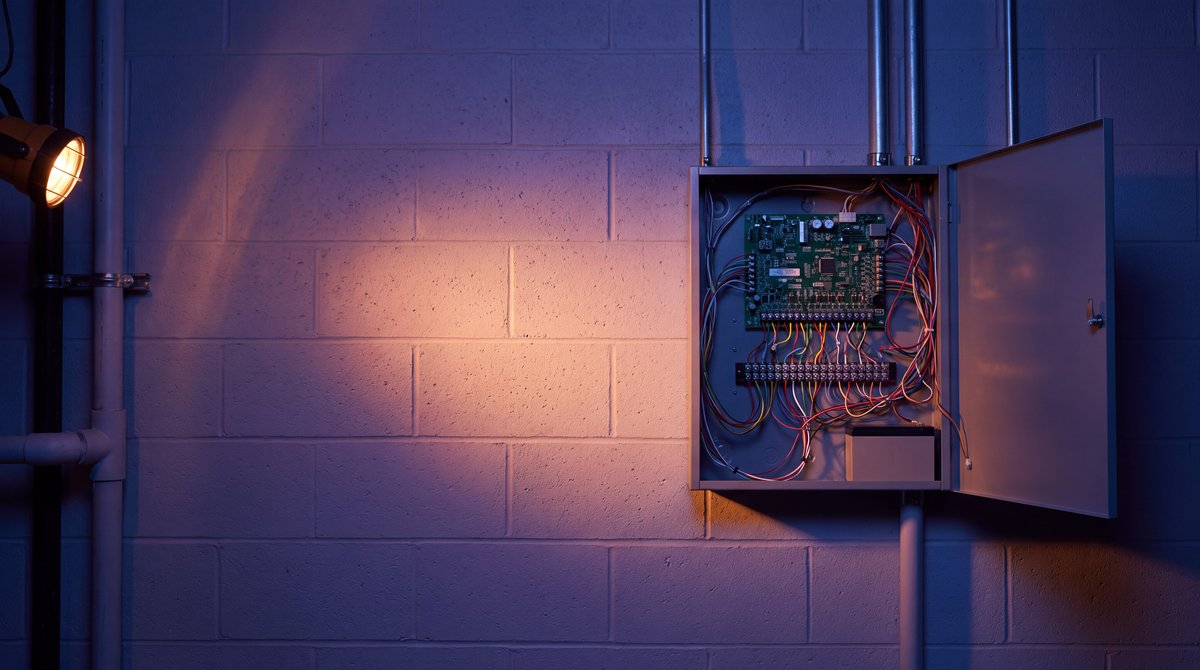 An existing commercial alarm panel, open and neatly wired