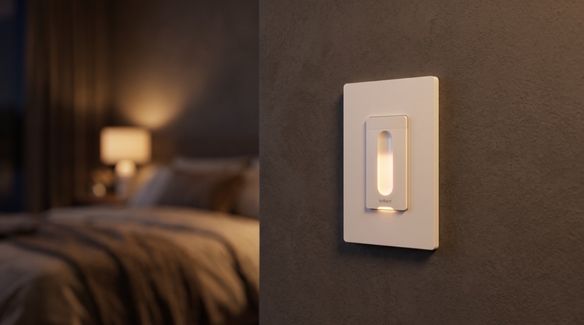 A Brilliant smart dimmer with its vertical light slider glowing softly on a bedroom wall at night