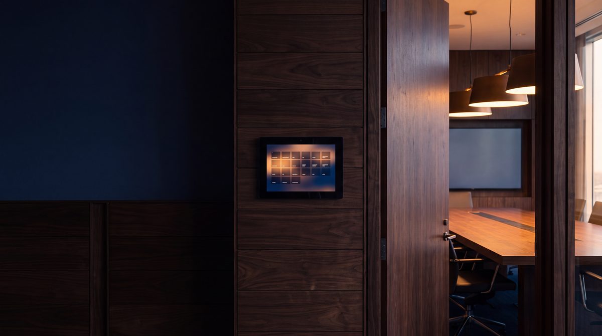 A Crestron-style touch panel glowing on a boardroom wall