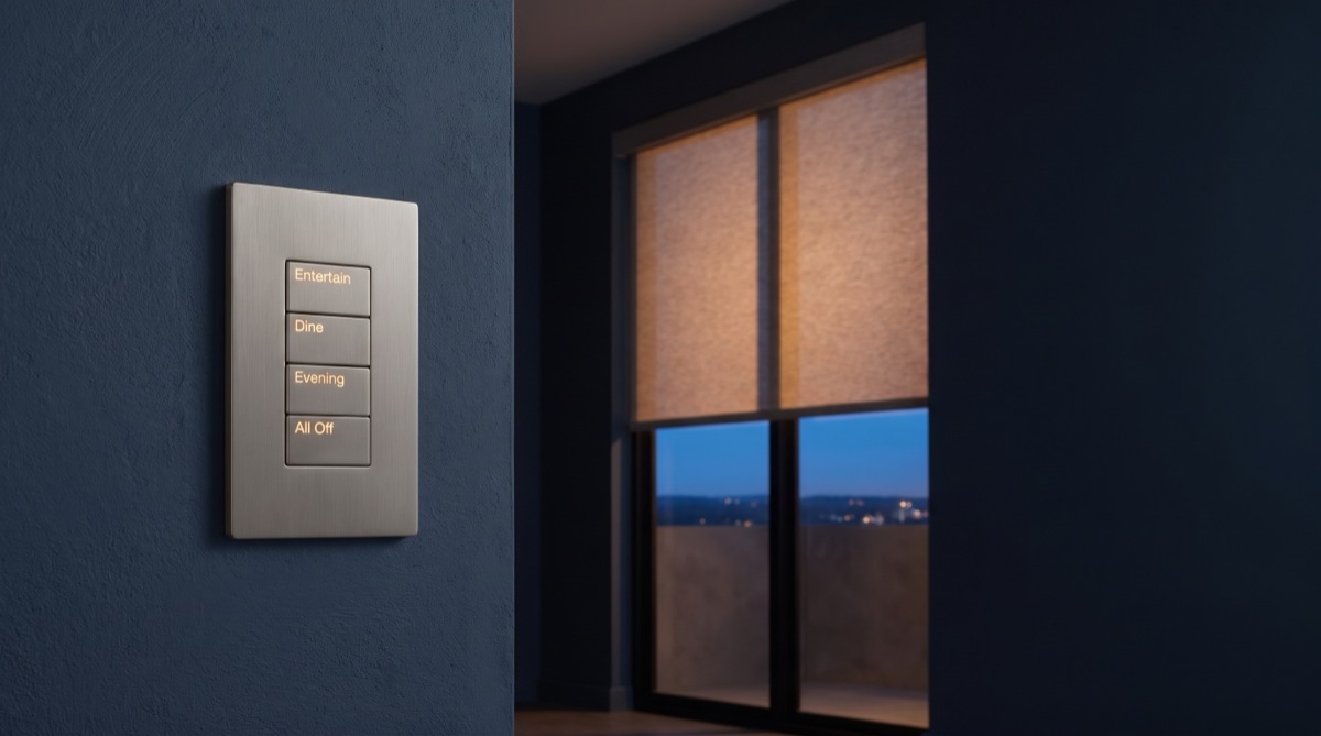A wall keypad and touchscreen controlling a luxury home