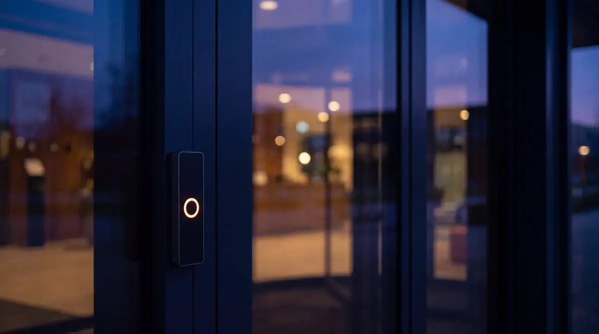 An access reader glowing on the mullion of a commercial glass entry at dusk
