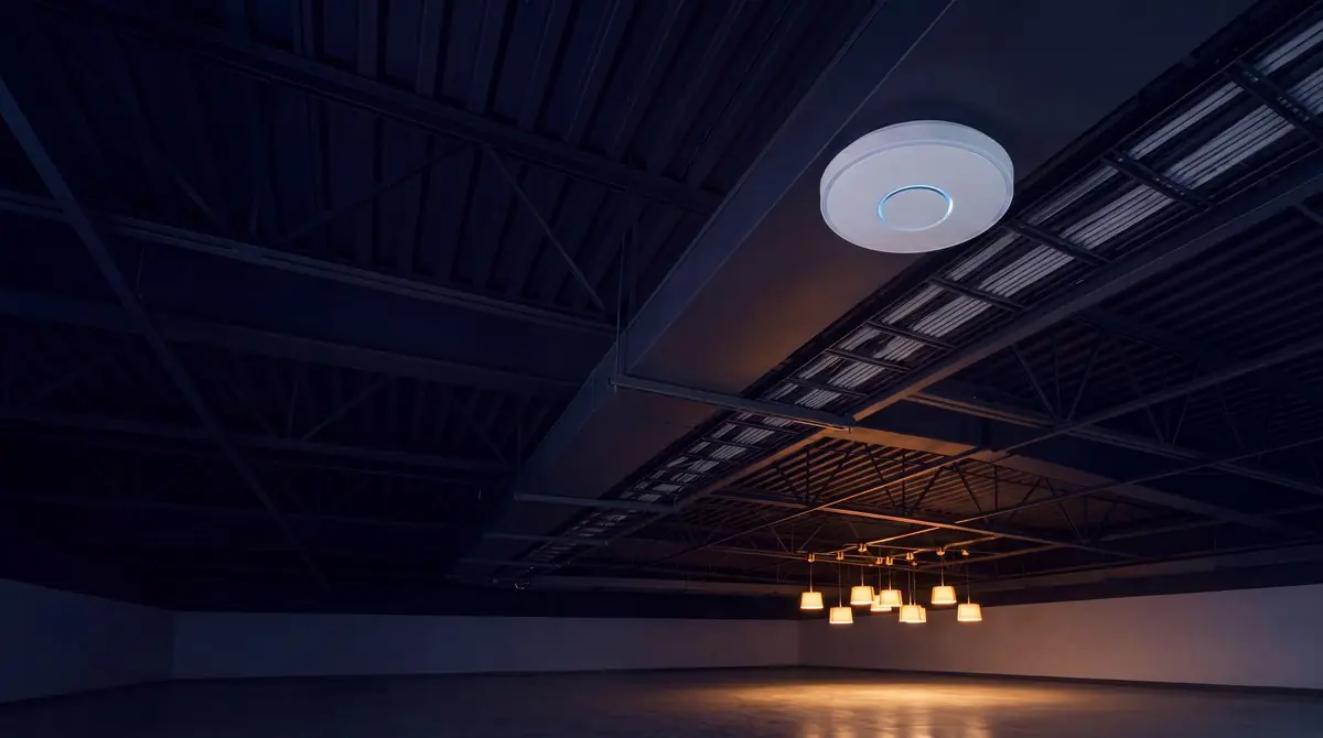 A wireless access point and cable tray on a dark open office ceiling