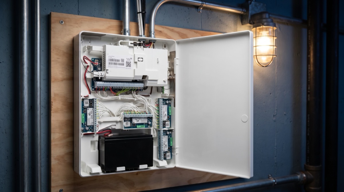 A Qolsys IQ Pro hybrid panel, cover open, mounted in a mechanical room