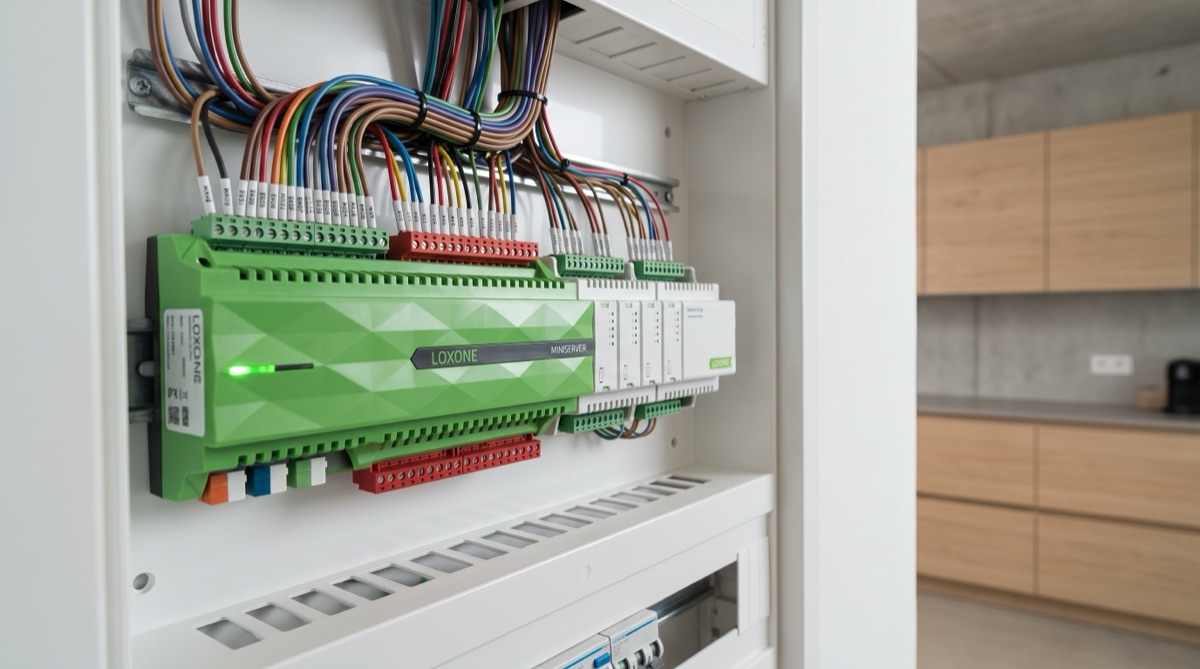 A Loxone Miniserver with glowing green status LEDs mounted in an immaculate structured wiring panel