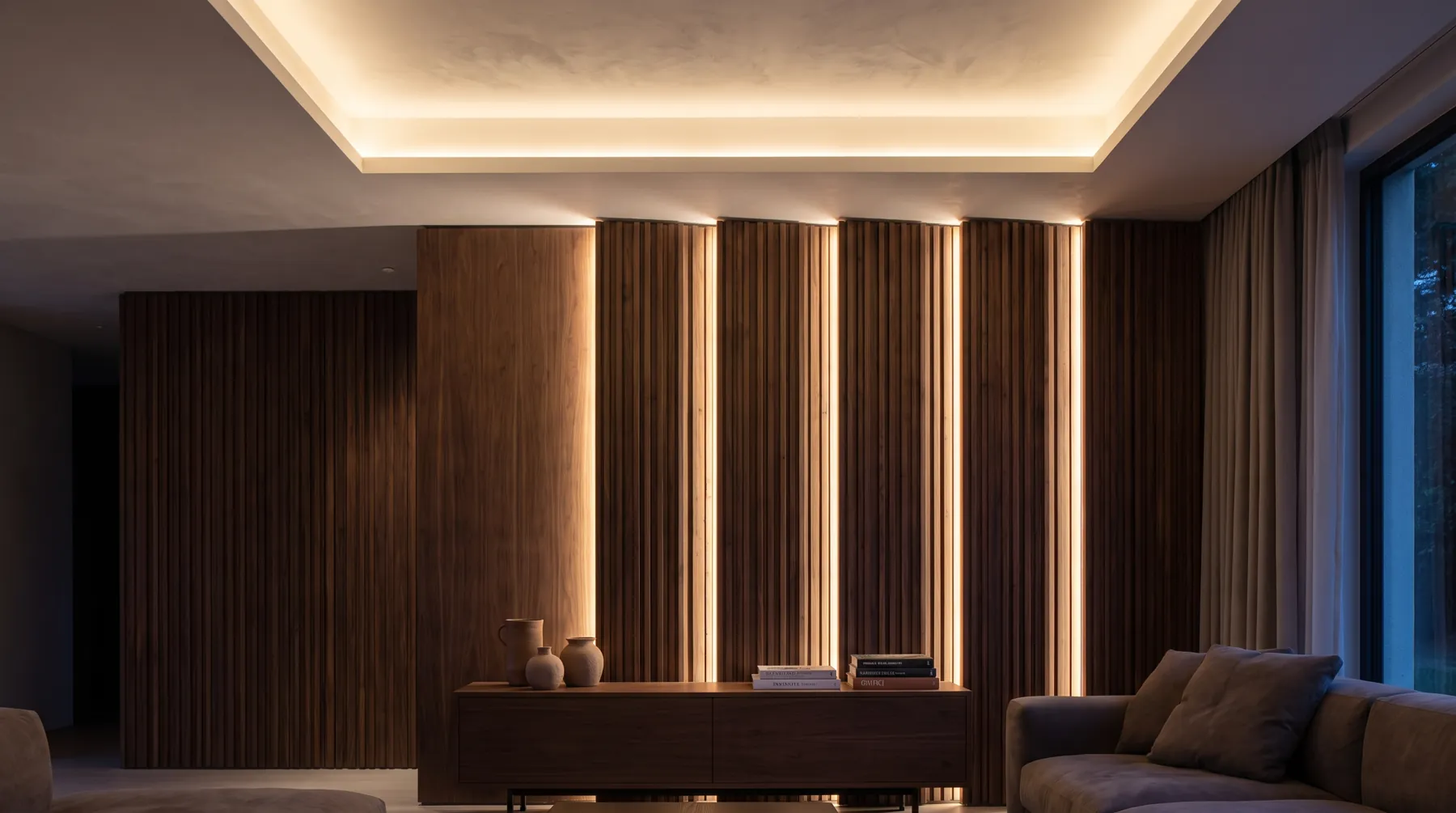 A walnut slat feature wall glowing with integrated low-voltage LED strip lighting, beneath a lit ceiling cove