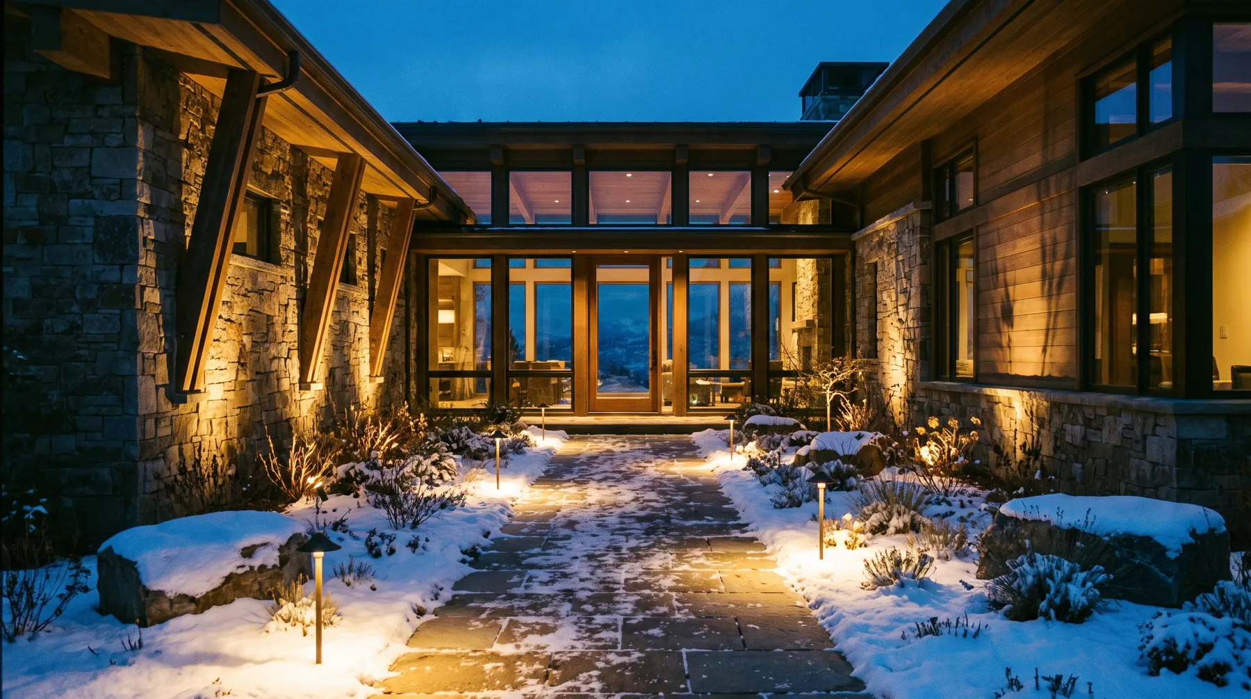 Low-voltage pathway lights and architectural up-lighting on a stone and timber home at dusk