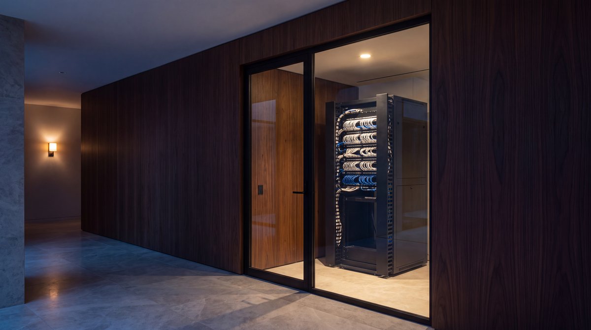 A dressed network rack behind glass in a walnut-panelled executive corridor