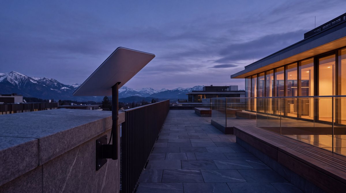 A Starlink dish on a commercial rooftop parapet at dusk