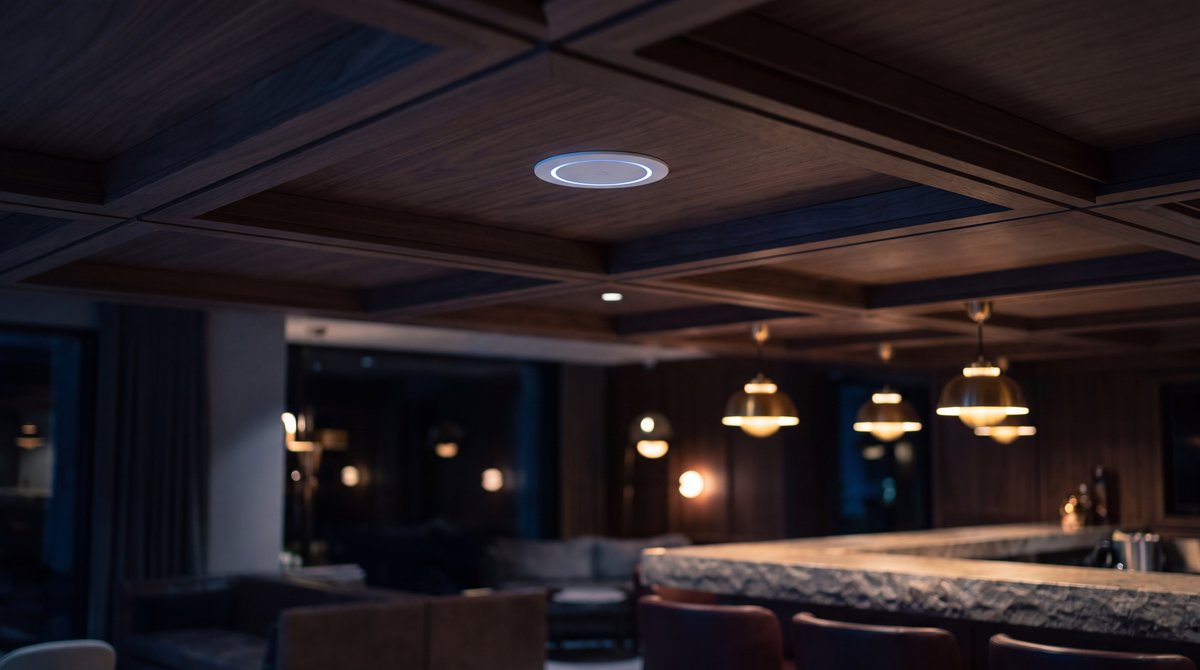 An access point flush in the coffered ceiling of a luxury lounge