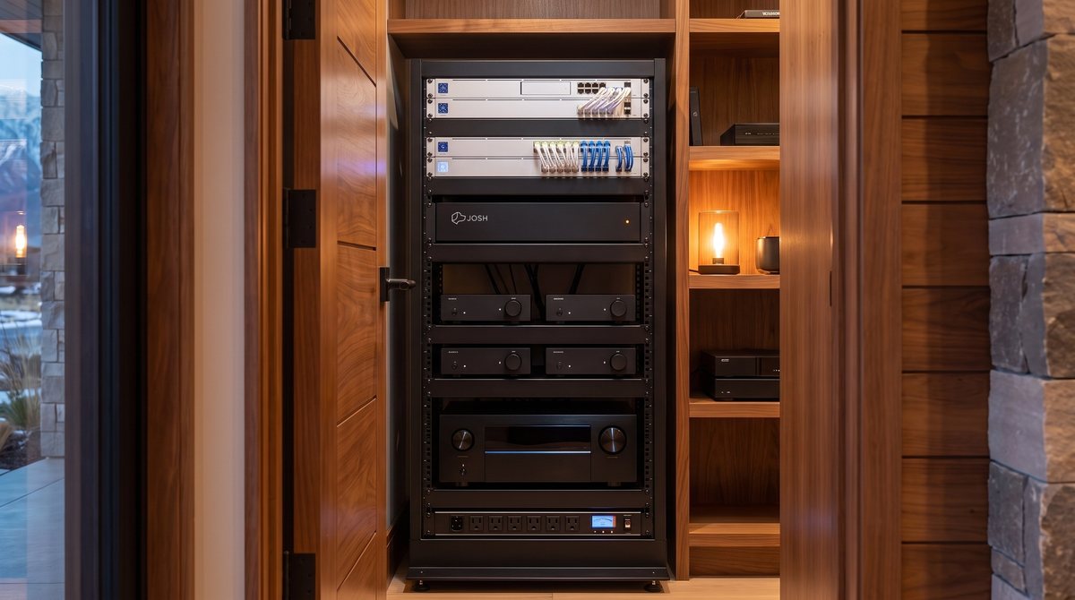 Equipment rack with Josh.ai controller and whole-home AV