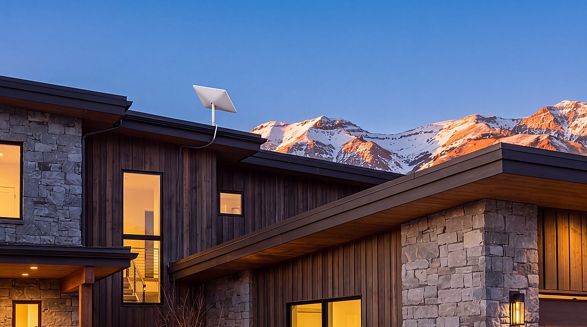 A Starlink dish serving a mountain home at dusk