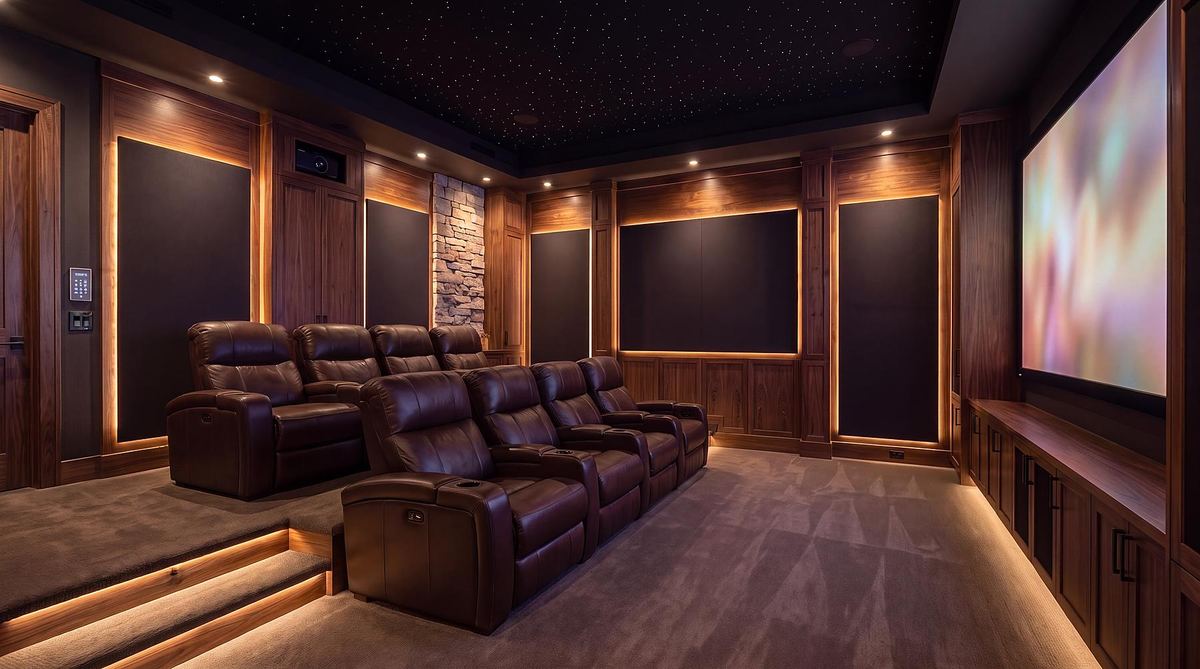 Home theater with lighting, shades and the screen set by a single Crestron scene