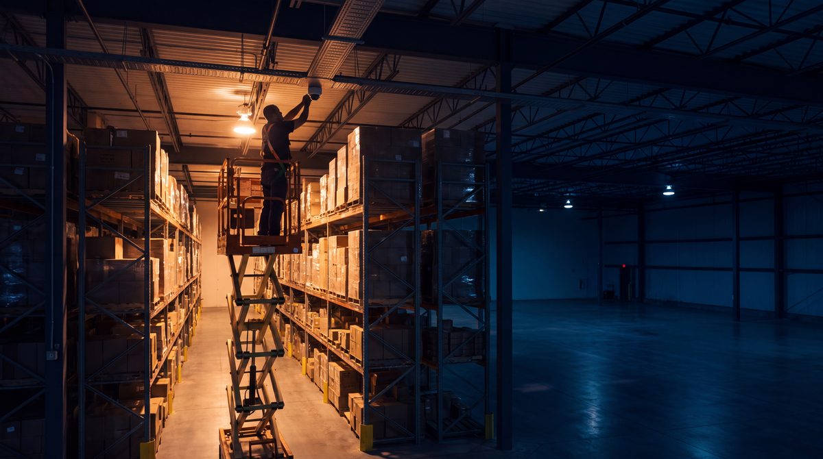 A technician on a lift mounting a camera high in a warehouse at night