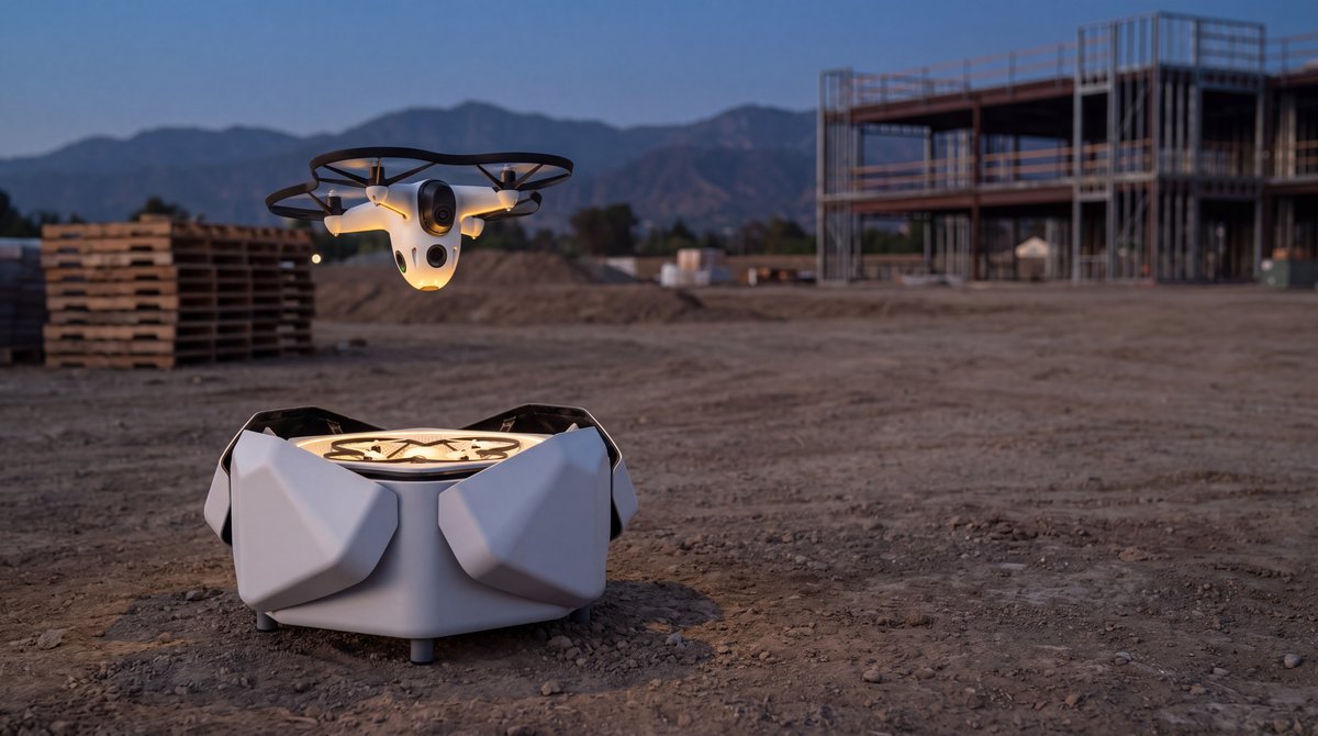 The Sunflower Labs Bee rising from its Hive dock on a construction site at dusk