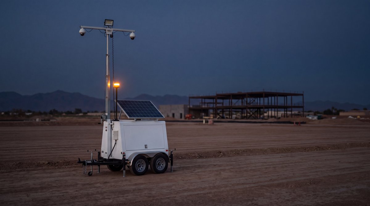 A solar-powered mobile surveillance trailer on a construction site at dusk