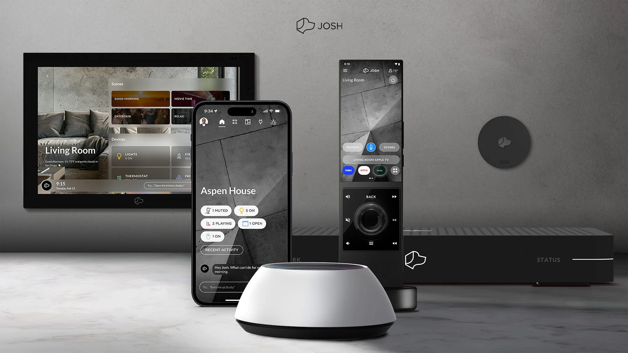The Josh.ai family: Touchscreen, the app on a phone, Edge remote, Micro, Nano and Core on a marble counter