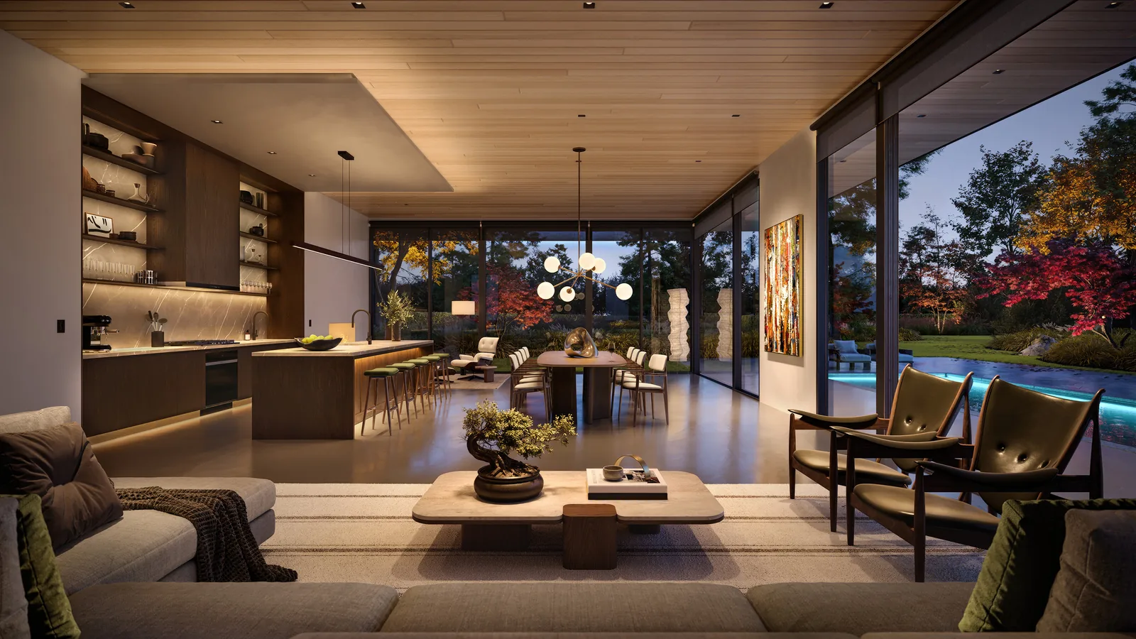 A great room with a stone fireplace and vaulted ceiling lit by small Ketra downlights at evening levels