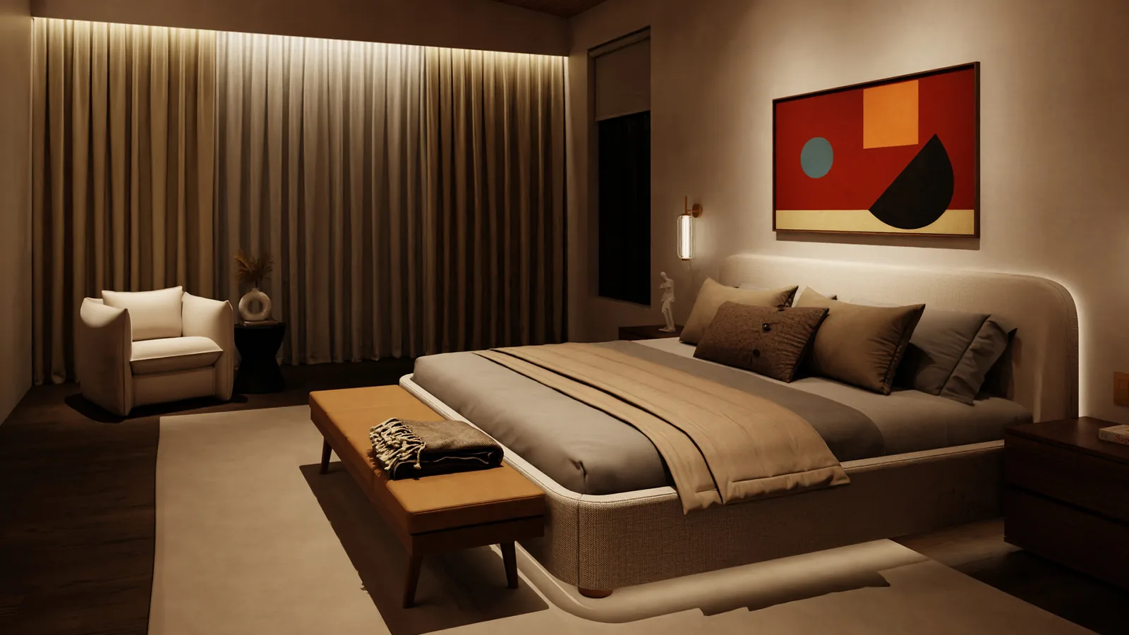 A bedroom at night with Rania natural white tape light glowing along the headboard wall and ceiling