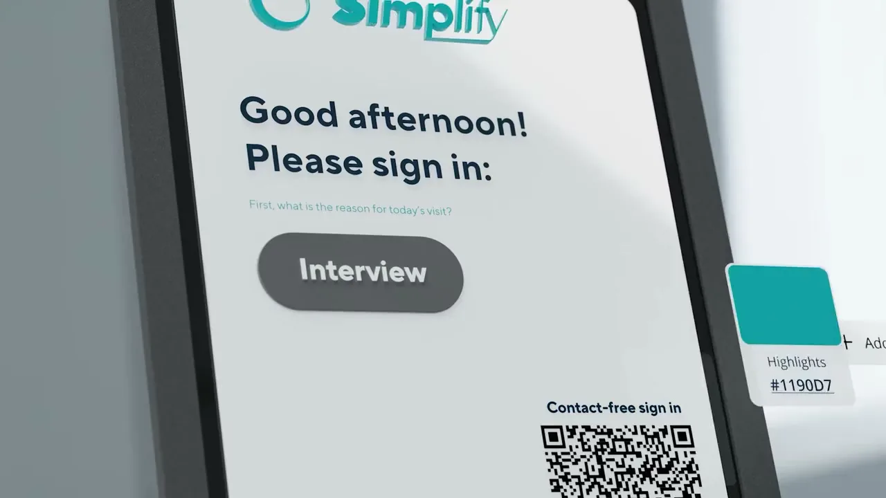 Verkada Guest sign-in on a front-desk tablet: welcome screen, signature, badge